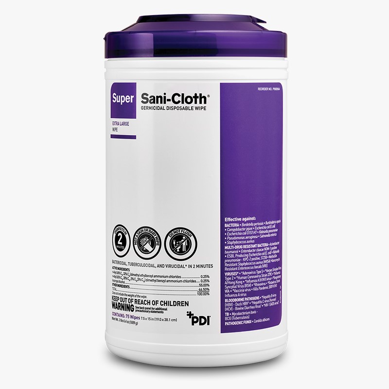 Super Sani-Cloth 7.5" x 15" Germicidal Wipes, 75/Tub